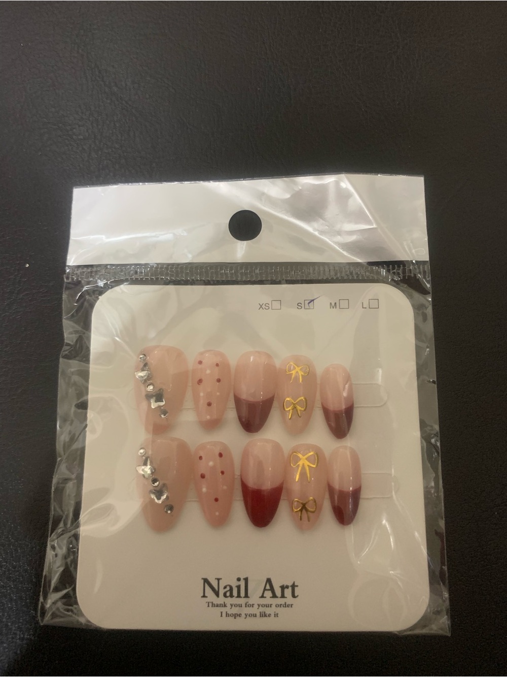 Neutral Pink & Burgundy Press-On Nails with Gold Bow Accents
